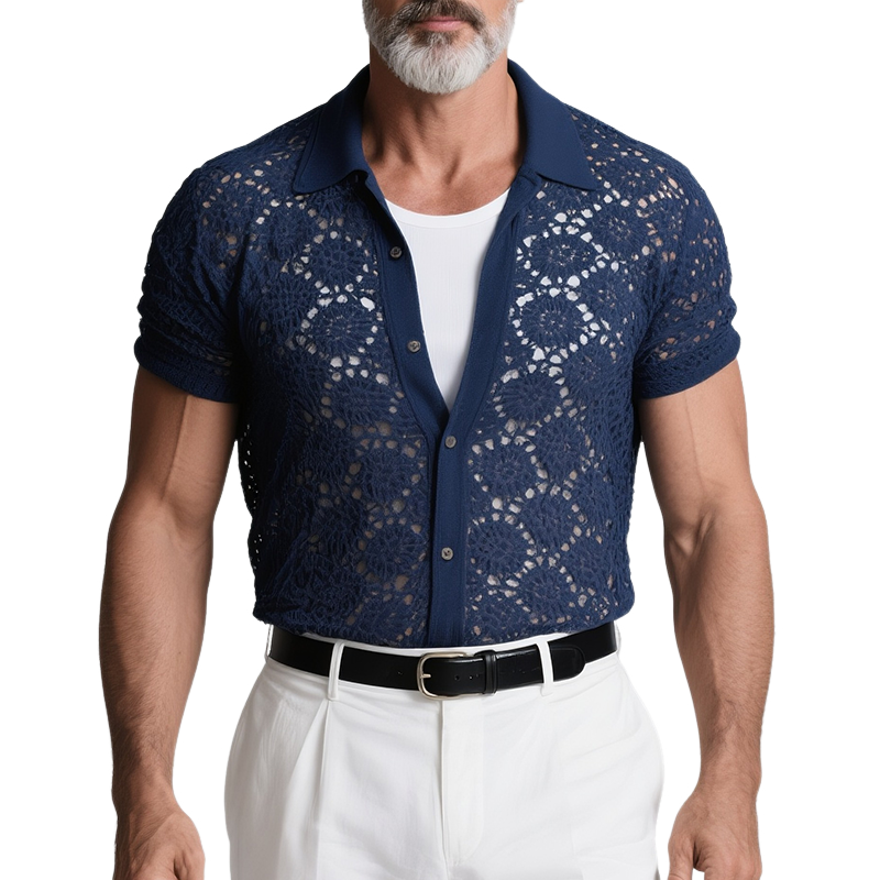 Men's Retro Casual Knitted Hollow Lapel Short Sleeve Shirt MTA2753F7TO