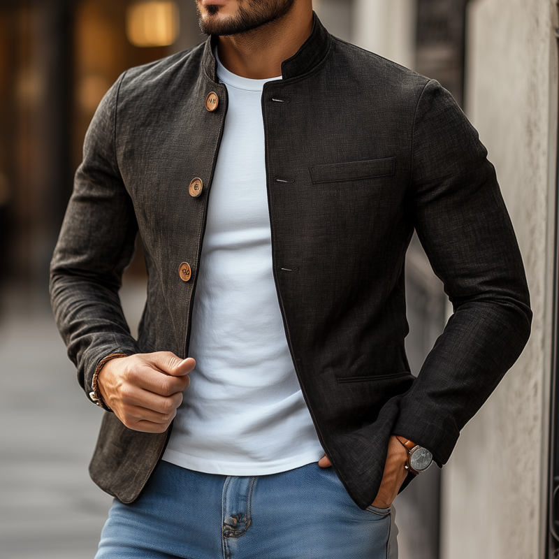 Men's Casual Solid Color Cotton Blend Stand Collar Single Breasted Slim Short Blazer MTA1718G4M