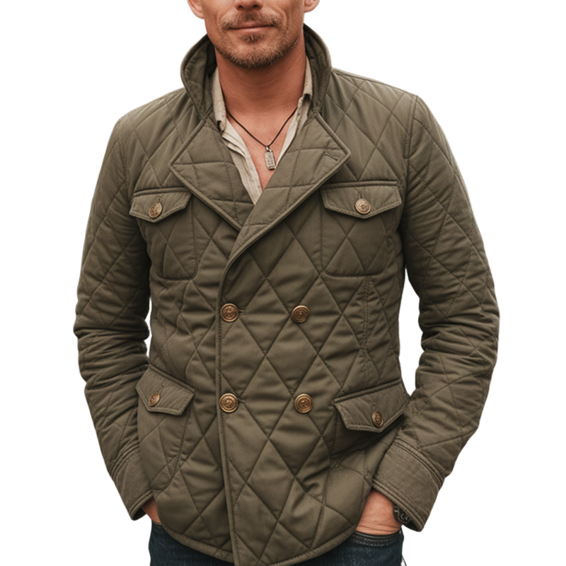 Men's Classic Double Breasted Army Green Padded Quilted Jacket MTA2073J4U