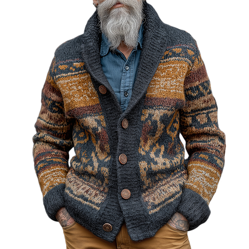 Men's Retro Casual Ethnic Style Geometric Knitted Button-Up Cardigan MTA2547K0TO