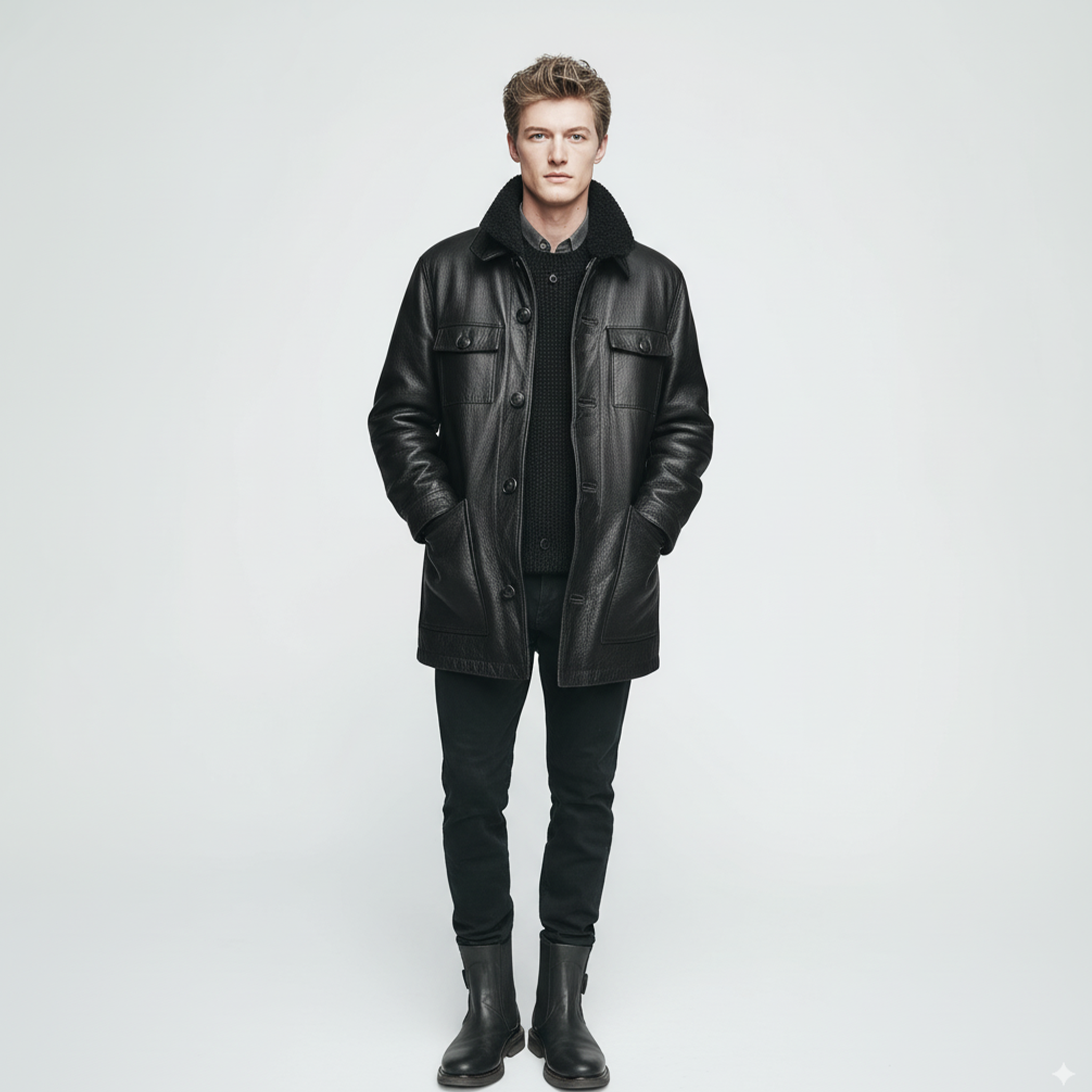 Men's Classic Vintage Polar Fleece Collar Multi-pocket PU Leather Jacket MTA1326I8K