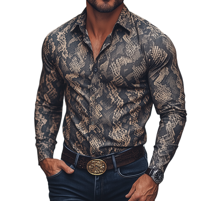 Men's Retro Casual Rock Cowboy Python Print Lapel Long Sleeve Shirt MTA1932H0TO