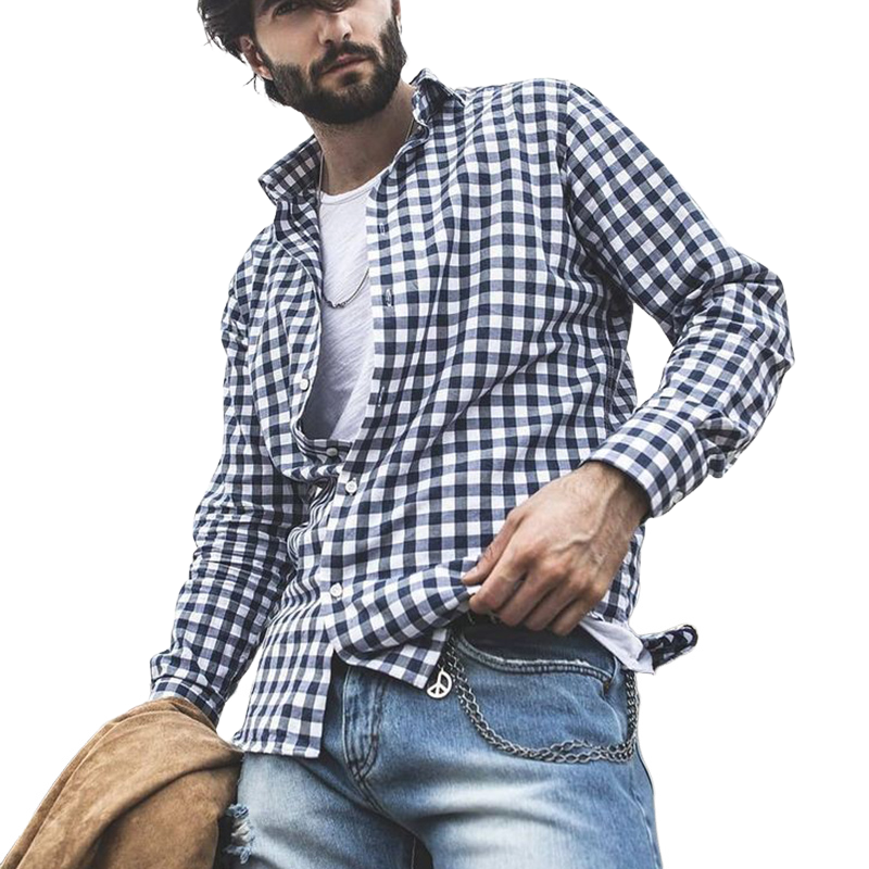 Men's Casual Loose Black and White Plaid Long-sleeved Shirt 10102262U