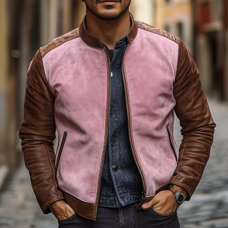 Men's Contrast Color Stand Collar PU Leather Zipper Jacket MTA2665H1X