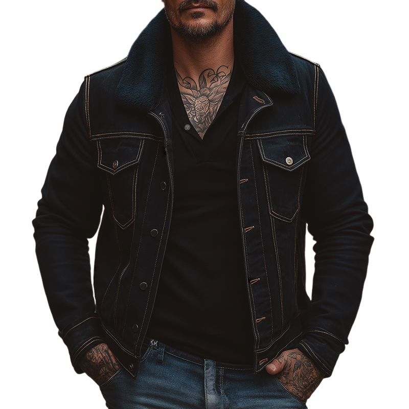 Men's Retro Casual Washed Denim Plush Lapel Jacket MTA2171H8TO