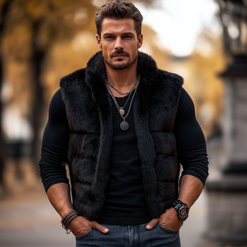 Men's Midnight Black Plush Luxe Faux Fur Vest MTA0713K7U