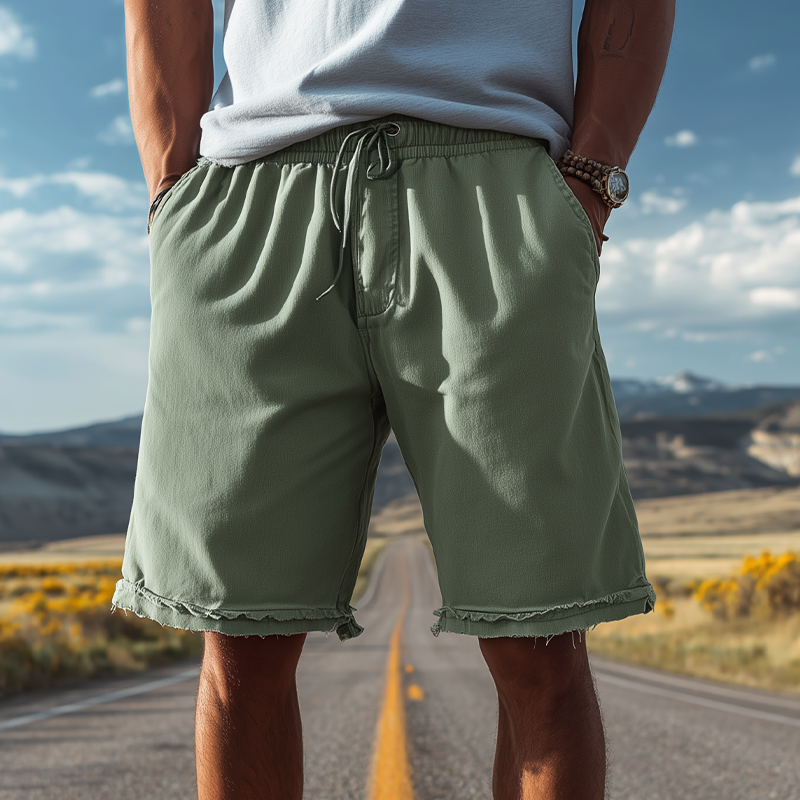 Men's Classic Casual Cotton Blend Washed Trousers With Raw Edges And Elastic Waist Shorts MTA1506G5K