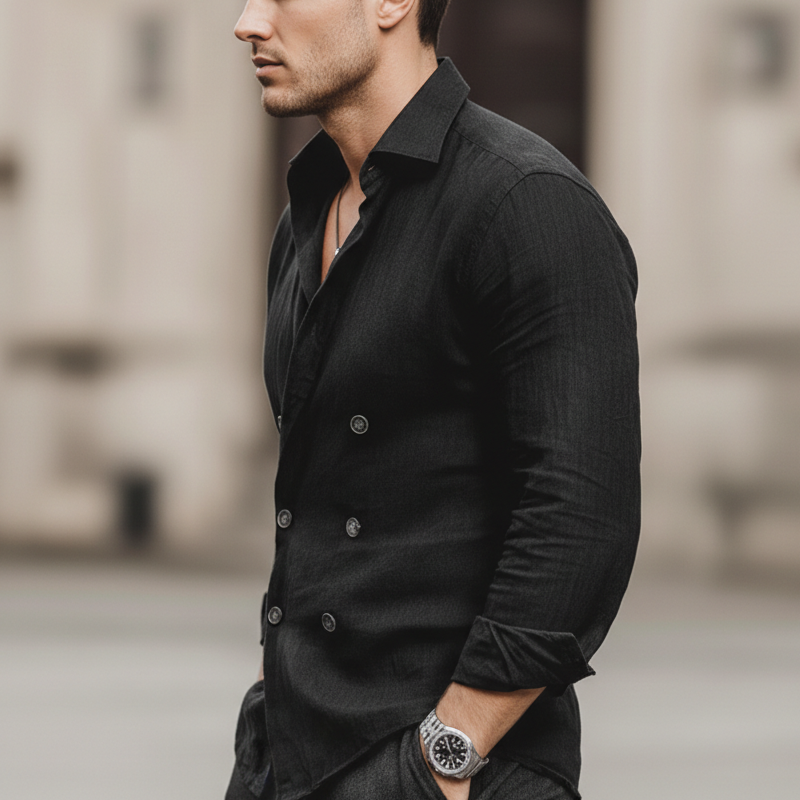 Men's Classic Business Double-breasted Black Cotton And Linen Long-sleeved Shirt MTZ1004B0U