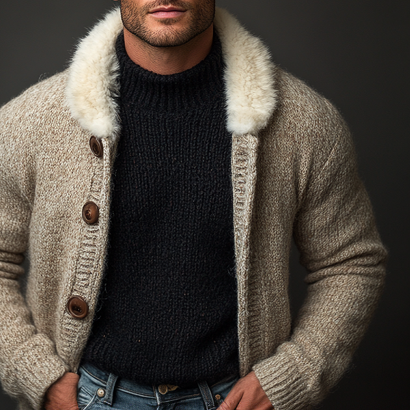Men's Casual Faux Fur Collar Knitted Button Cardigan MTA0749K6X