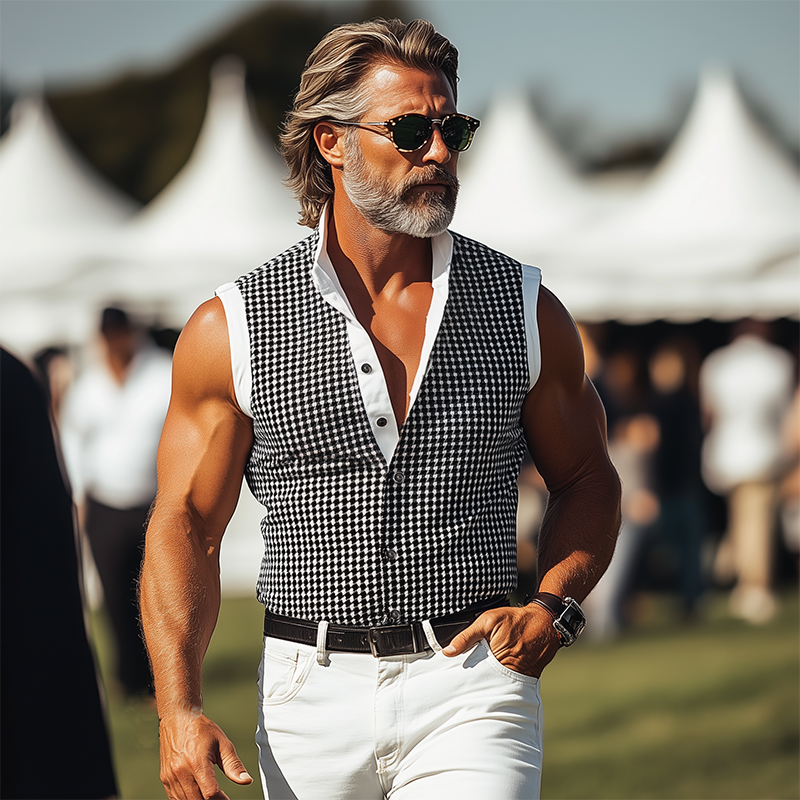 Men's Spring And Summer Fashion Casual Houndstooth Print Stitching Stretch Cotton Blend Stand Collar Slim Sleeveless Shirt MTA1975E9K