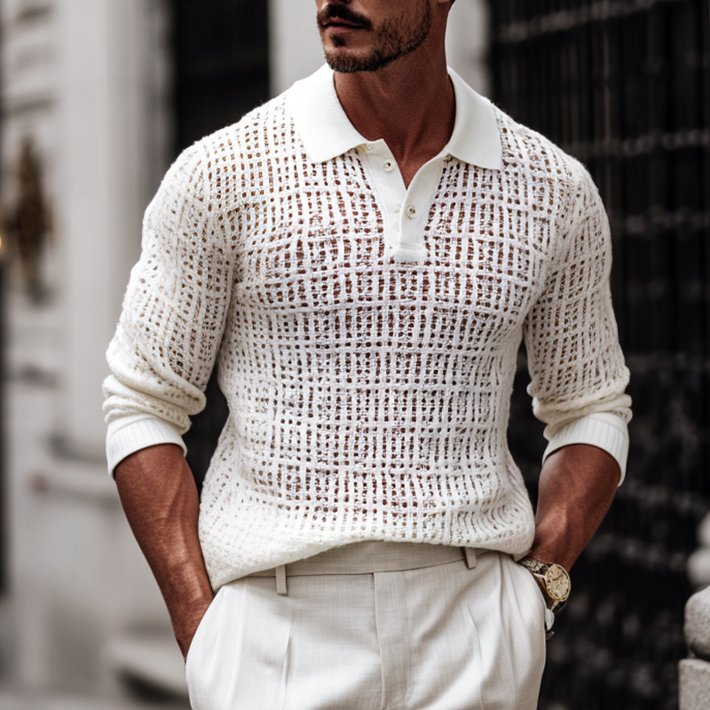 Men's Solid Hollow Out Knit Lapel Long Sleeve Polo Shirt MTA1131H1Z