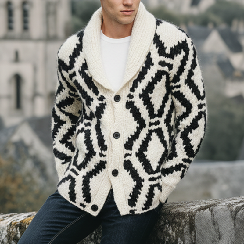 Men's Winter Simple Knitted Jacquard Shawl Collar Cotton Cardigan MTA1678J3P