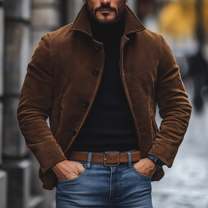 Men's Vintage Casual Solid Color Corduroy Lapel Single-Breasted Loose Work Jacket MTA1865H3M