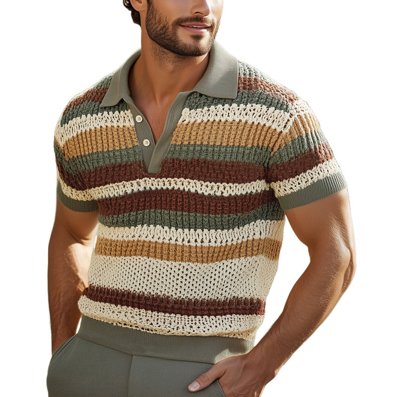 Men's Breathable Fashion Colorful Striped Knitted POLO Shirt MTA0754E3U