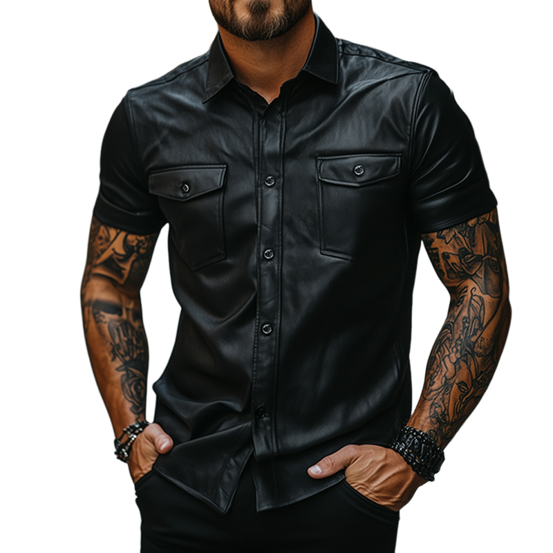 Men's Vintage Leather Lapel Short Sleeve Shirt MTA2661F6TO