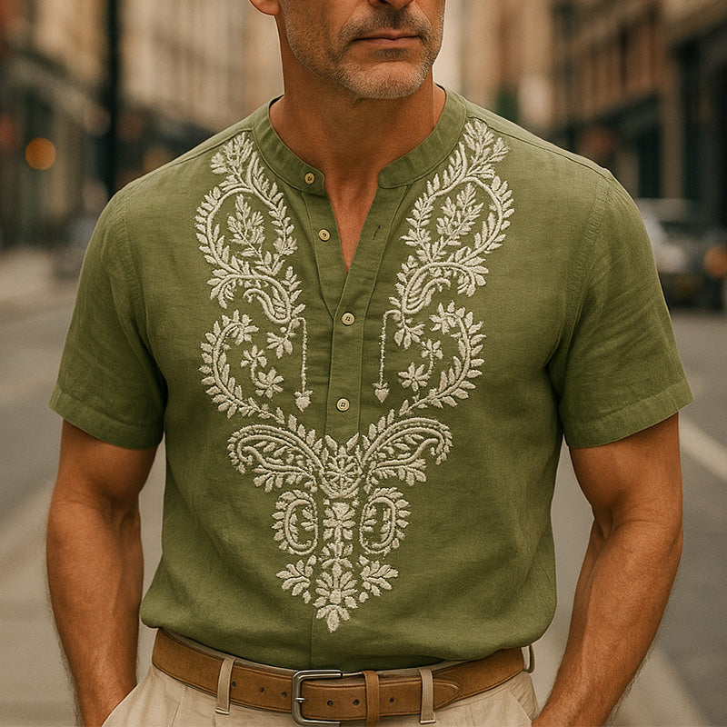 Men's Summer Fashion Solid Color Embroidery Linen Short Sleeve Shirt MTA2338E9P