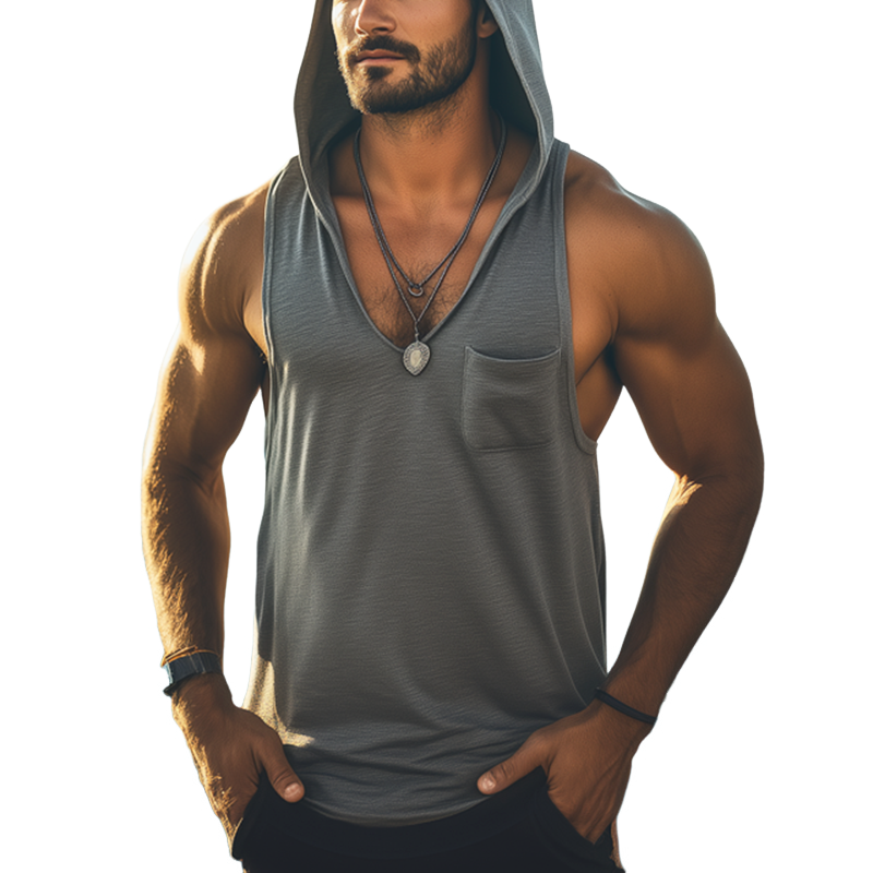Men's Summer Basic Cotton Deep V Neck Hooded Tank Top MTA2860G6U