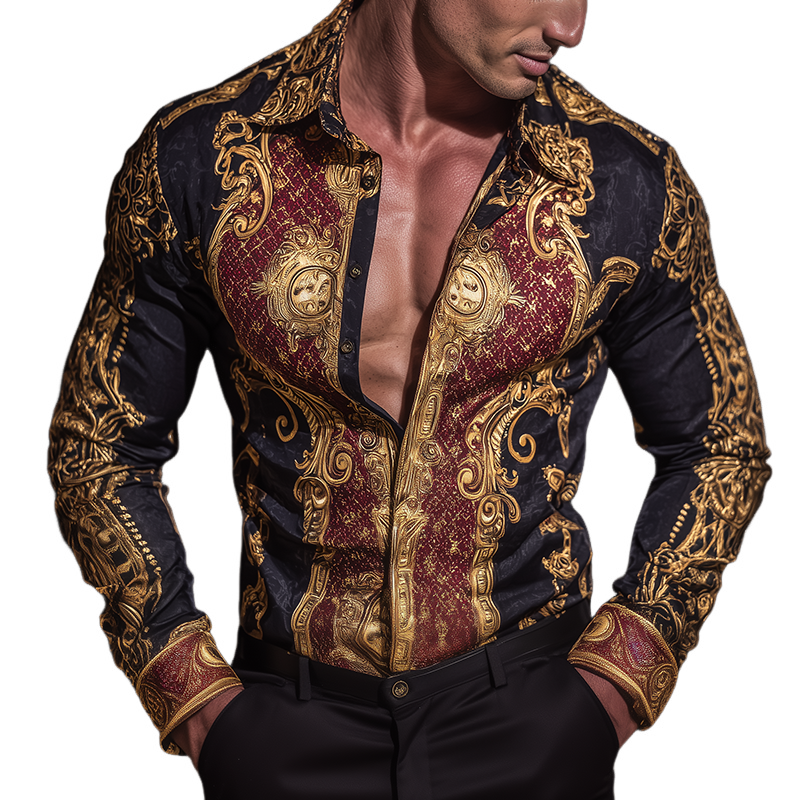 Men's Retro Casual Baroque Print Lapel Long Sleeve Shirt MTA3013G5TO