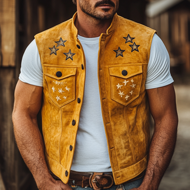 Men's Classic Retro American Western Embroidery Slim Stand Collar Suede Vest 06825833K