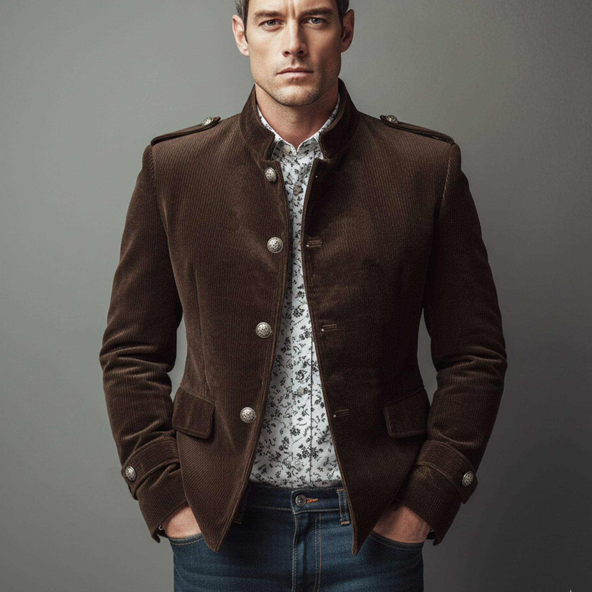 Men's Classic Casual Stand-up Collar Epaulette And Sleeve Tab Corduroy Jacket MTA2281I0K