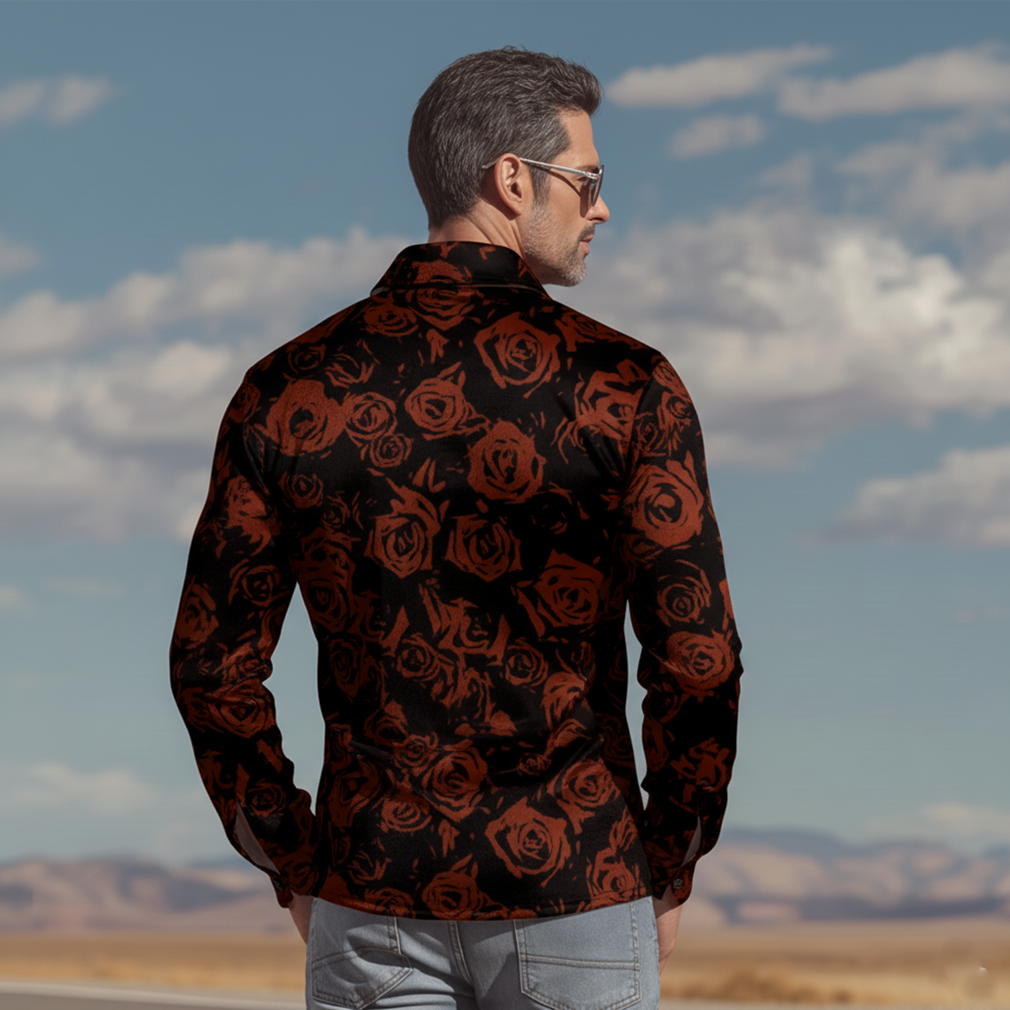 Men's Classic Vintage Rose Print Satin Long-sleeved Shirt MTA2284L4K