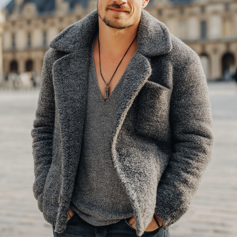 Men's Winter Urban Gray Warm Faux Lambskin Button Jacket MTA1766K1U