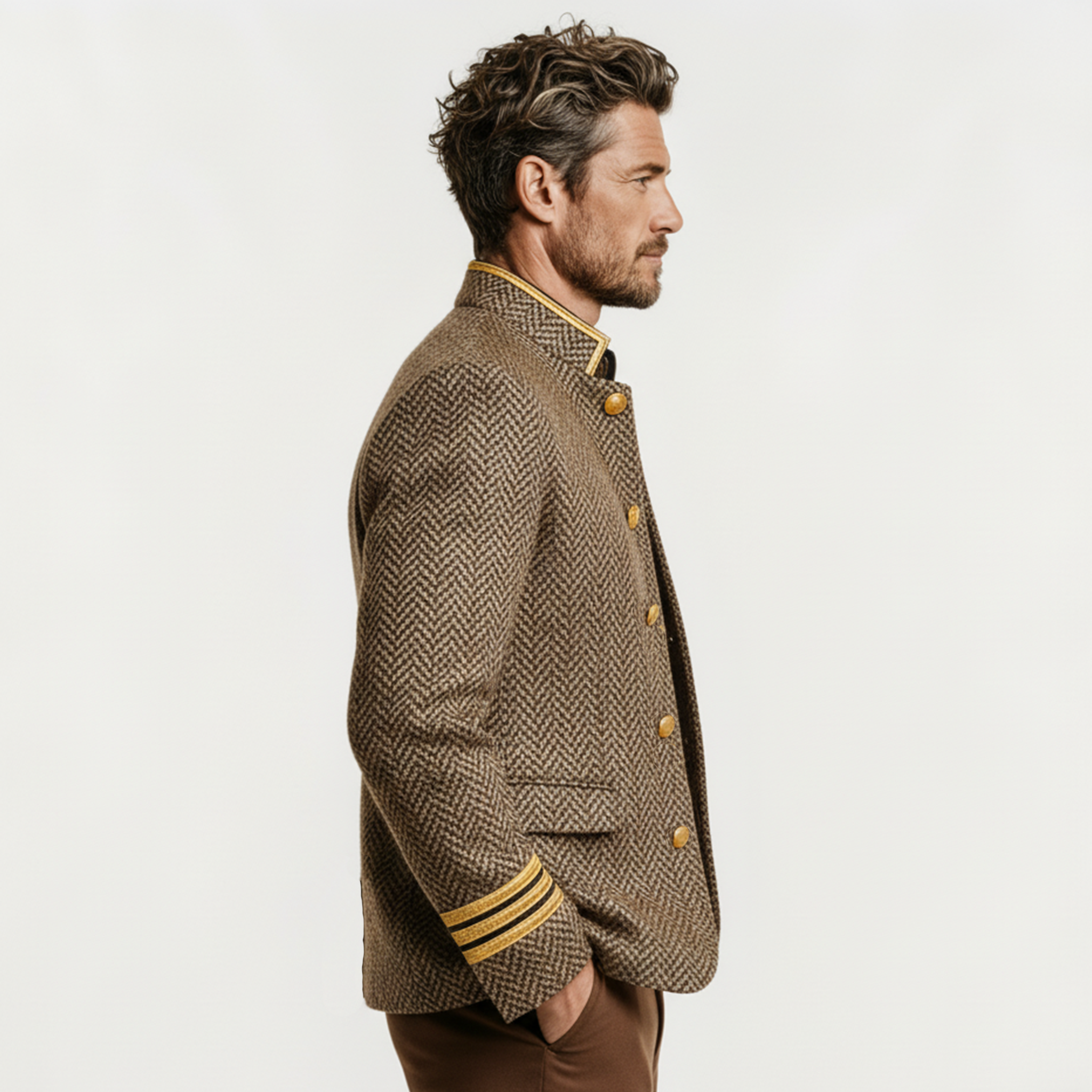 Men's Classic Retro Stand-up Collar Herringbone Wool Jacket MTA2886K4K