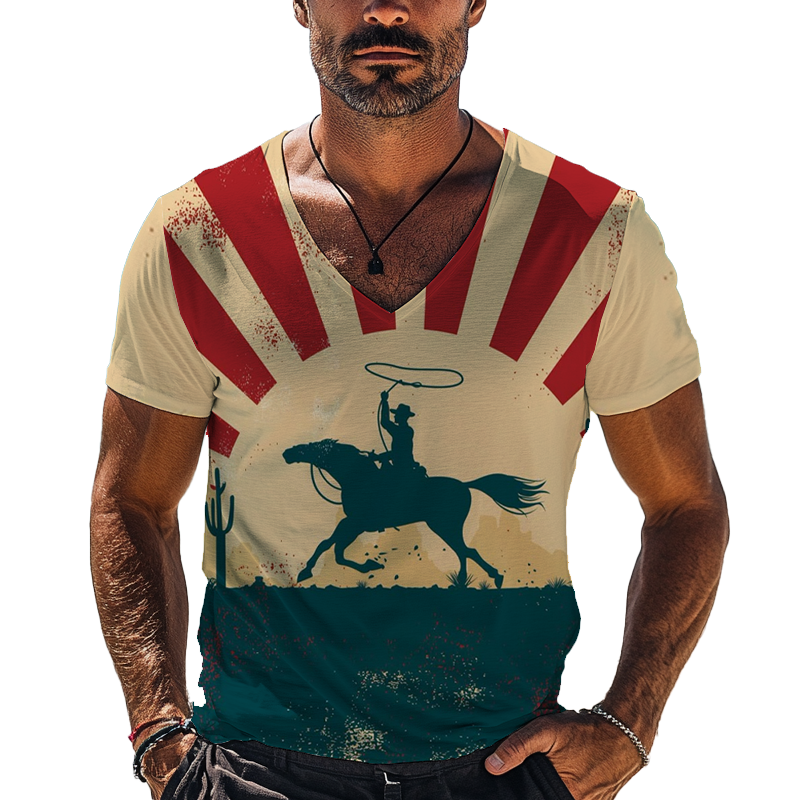 Herre t-skjorte med kort erme og V-hals i western cowboy-stil, trykk, MTA1383F4X