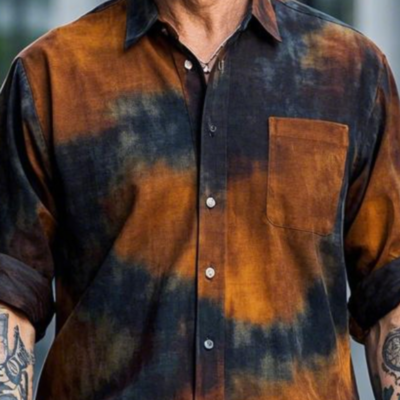 Men's Casual Vintage Lapel Tie-dye Printed Cotton Blend Long-sleeved Shirt 65205457F