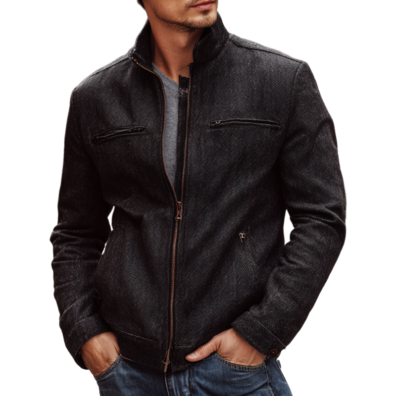 Men's Vintage Herringbone Textured Stand Collar Jacket MTA0156H3X