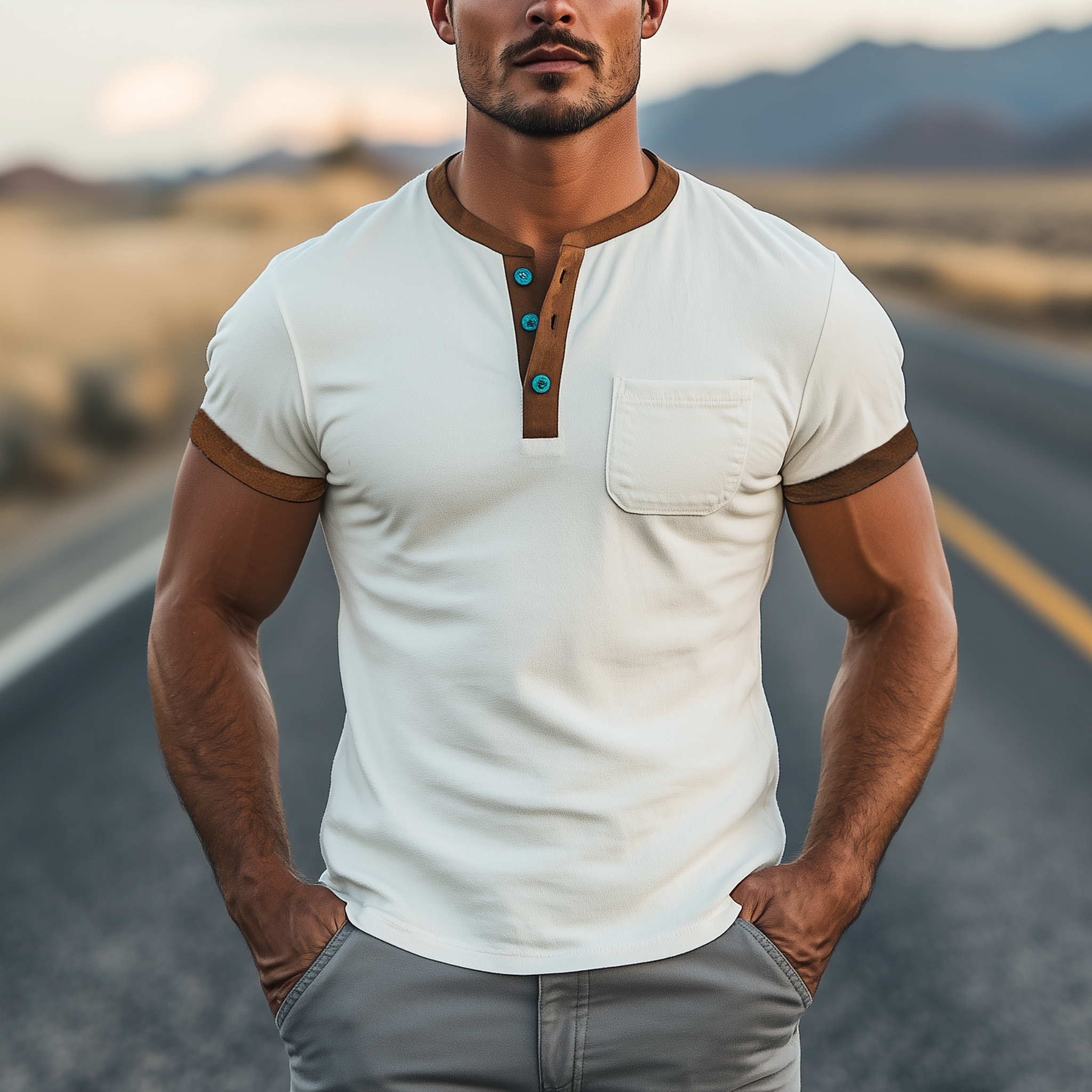 Men's Spring And Summer Casual Henley Collar Thin Suede Splicing Slim Short Sleeve T-shirt MTA2222G8K