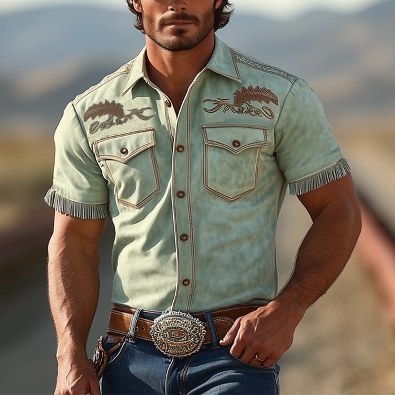 Men's Spring And Summer Fashion Retro Western Cowboy Style Thin Suede Embroidered Tassel Slim Short-sleeved Shirt MTA1598E4K