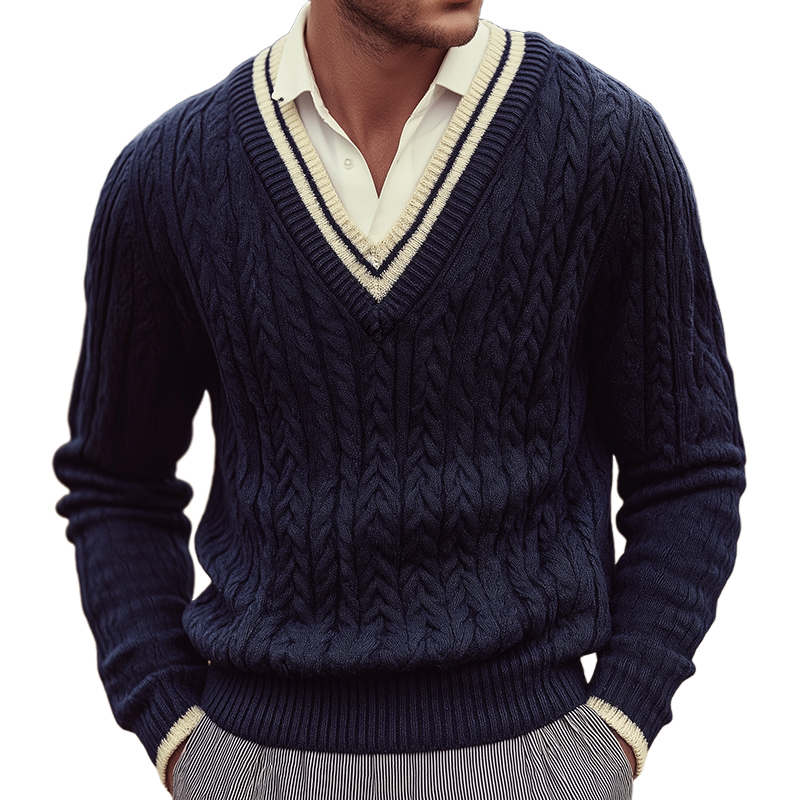 Men's Retro Casual Cable Knitted College Style V-Neck Sweater MTA1898I6TO