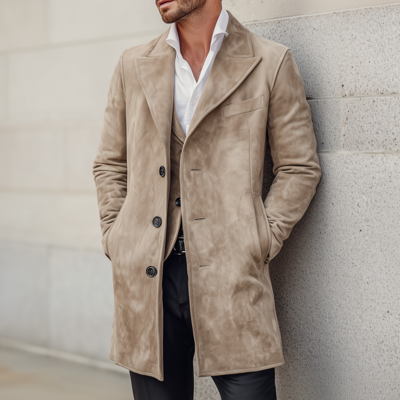 Men's Vintage Elegant Solid Color Suede Peak Lapel Single-Breasted Slim-Fit Coat MTA0245H7M