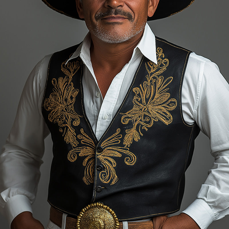 Men's Summer Western Cowboy Style Leather Embroidered Vest MTA2987D4P