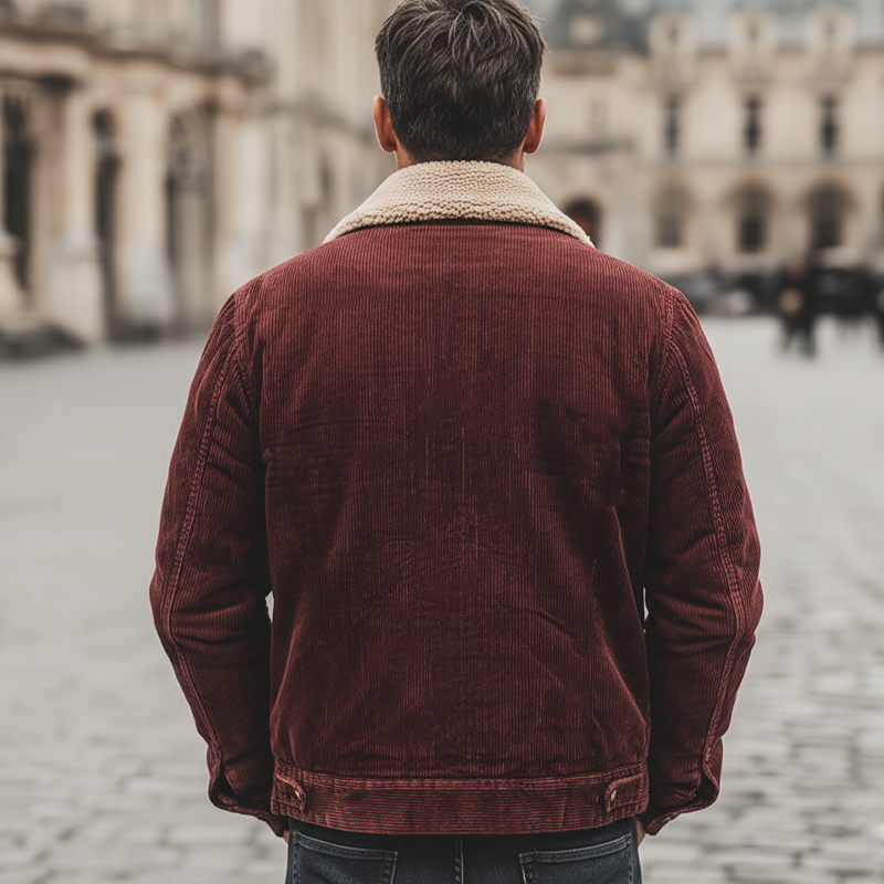 Men's Dark Red Corduroy Warm Lambswool Lined Button Jacket MTA1395K2U