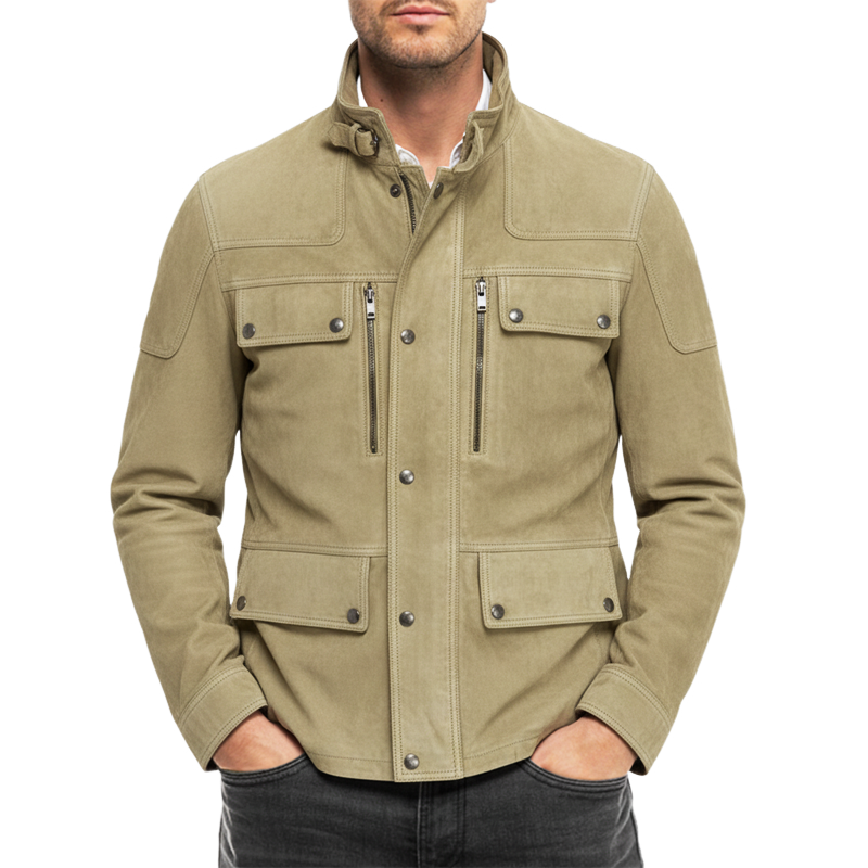 Men's Classic Stand Collar Multi-pocket Suede Jacket MTA1105J8U