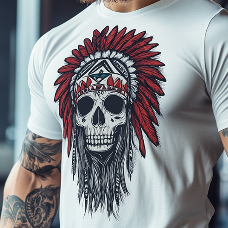 Men's Vintage Cotton Indian Skull Printed Casual Sports Round Neck Short Sleeve T-Shirt 50094979TO