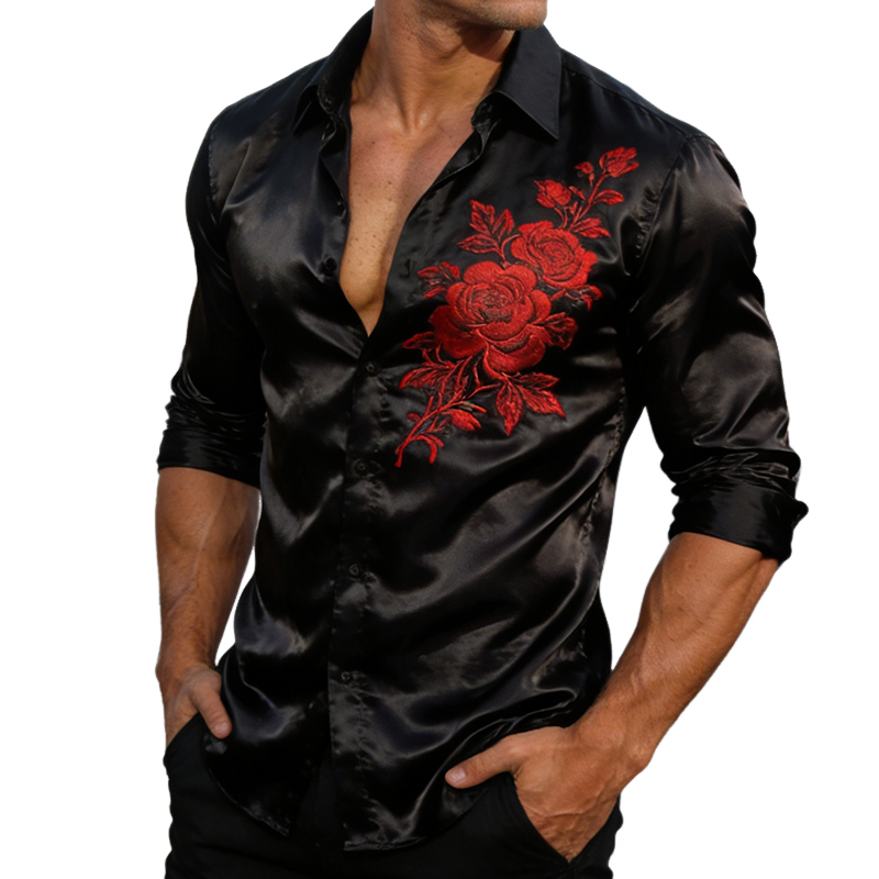 Men's Vintage Casual Floral Print Lapel Satin Long-sleeved Shirt MTZ0525A9TO