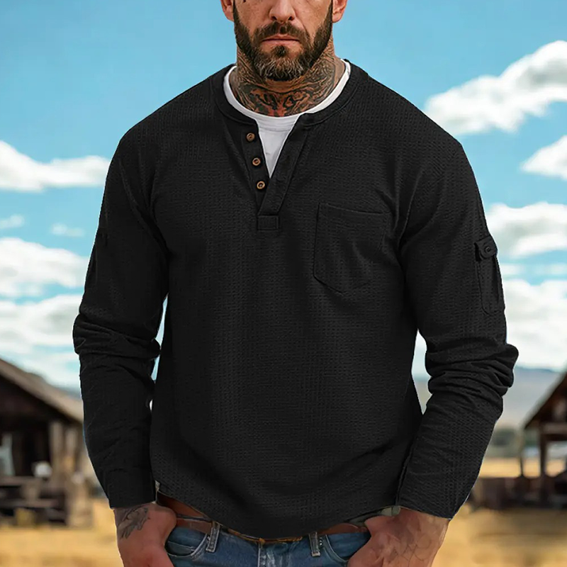 Men's Contrast Waffle Button Crew Neck Long Sleeve T-shirt MTA0965J1X