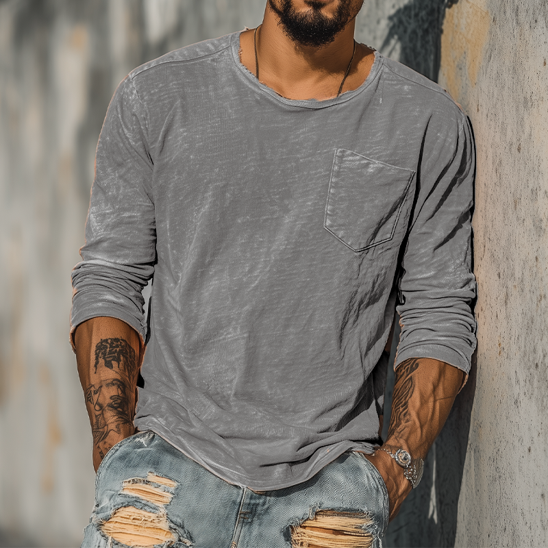 Men's Spring And Summer Casual Tough Guy Style Round Neck Raw Edge Bamboo Cotton Long Sleeve T-shirt MTA1664G4K