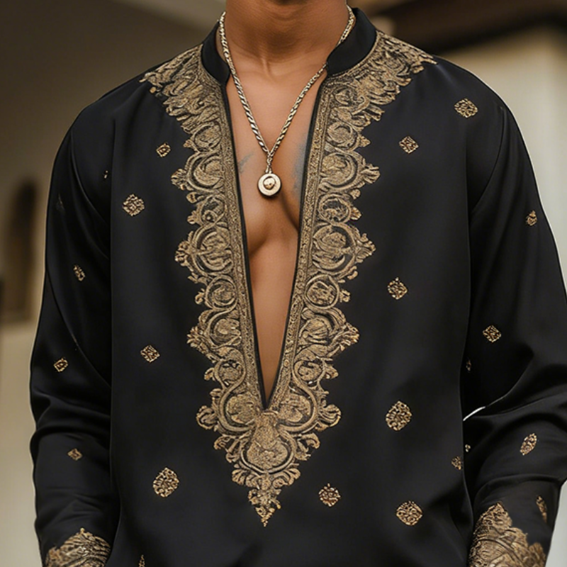 Men's Retro Casual Court Style Printed V-Neck Long Sleeve Shirt MTZ1131B3TO