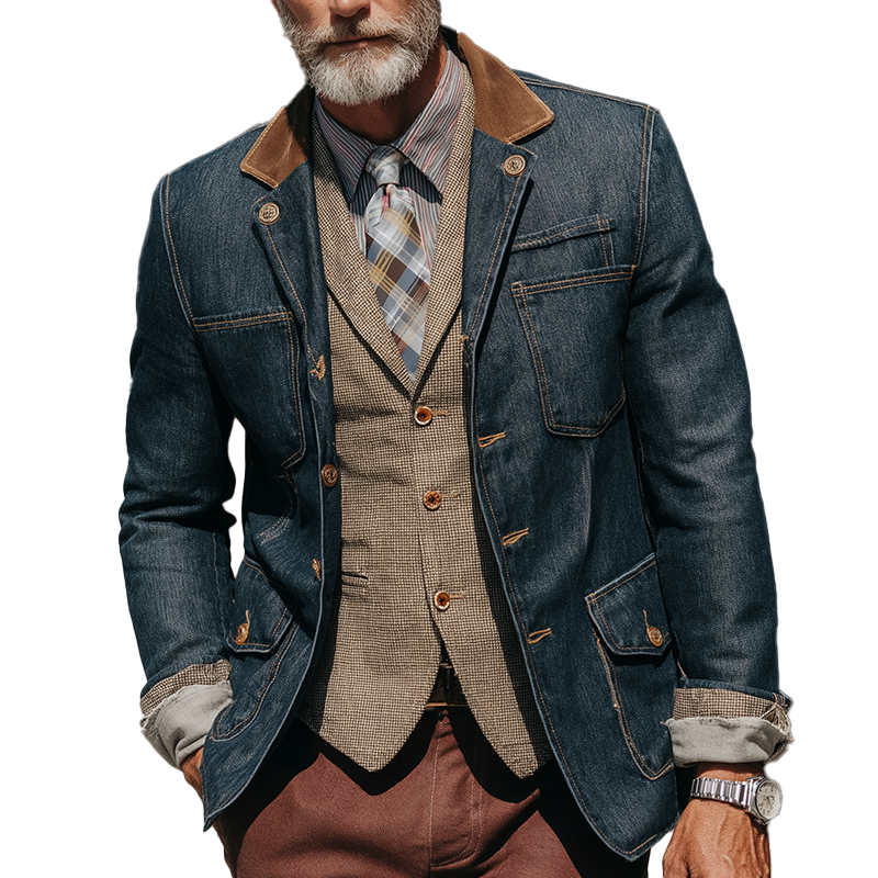 Men's Vintage Washed Distressed Denim Faux Suede Patchwork Formal Jacket MTA0270I0P