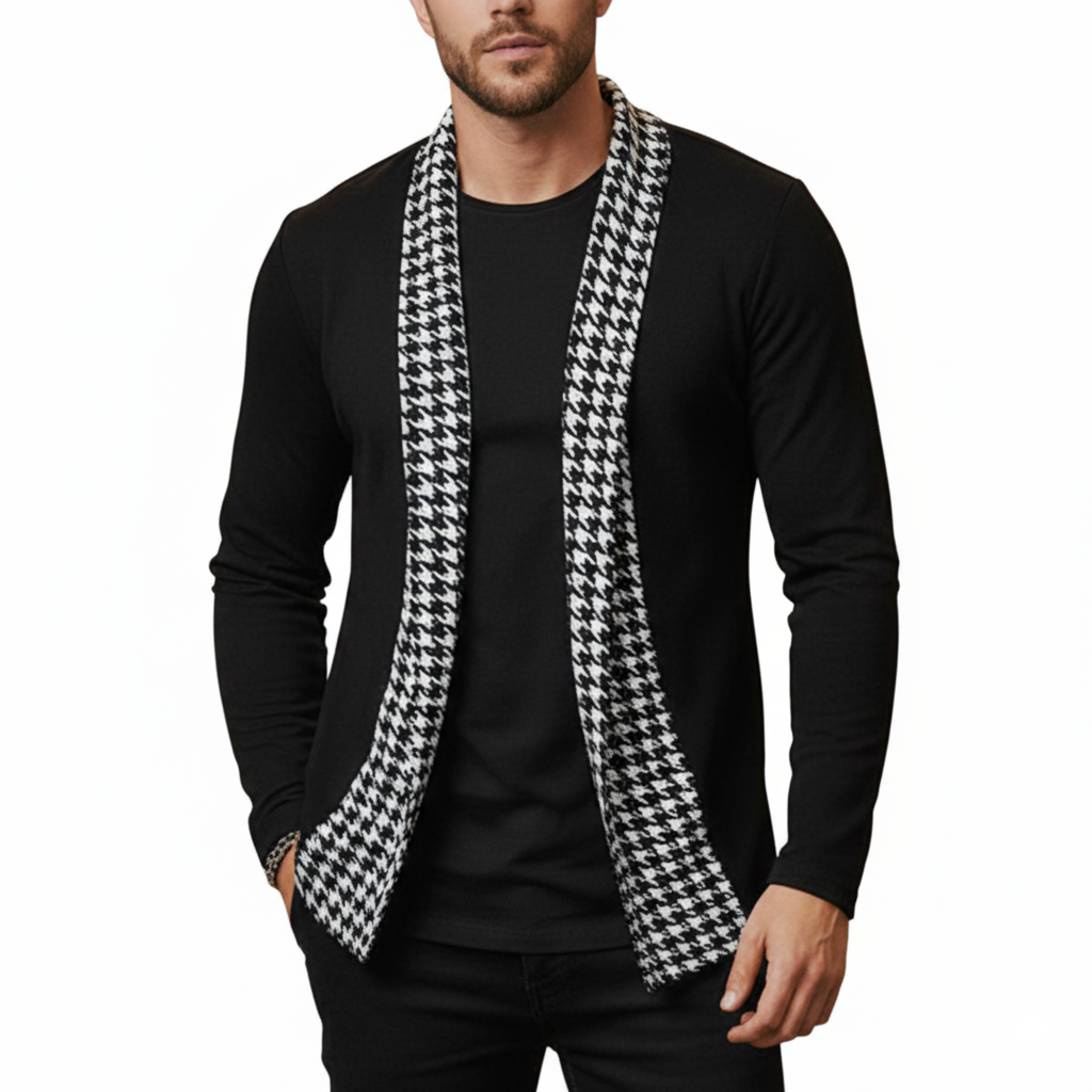 Men's Autumn Fashion Houndstooth Stitching Imitation Cashmere Open Cardigan MTA1669J0P