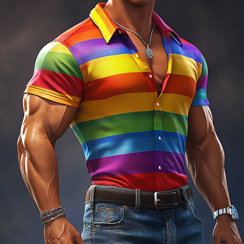 Men'S Retro Casual Rainbow Stripe Print Elastic Lapel Short Sleeve Shirt MTA0986E7TO