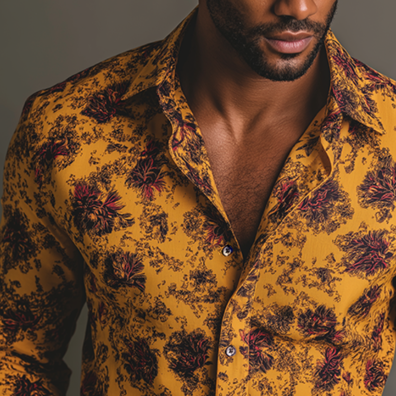 Men's Retro Casual Floral Print Lapel Long Sleeve Shirt MTA1340H1TO