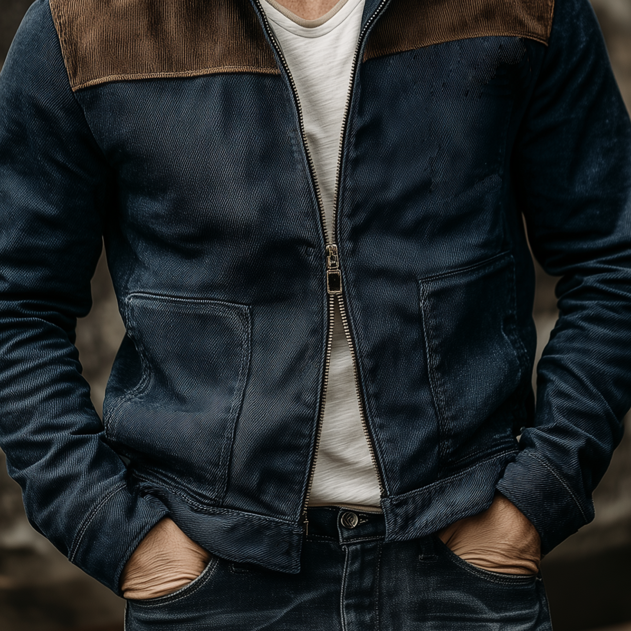 Men's Classic Casual Lapel Corduroy Patchwork Twill Cotton Zipper Jacket MTA1041I0K