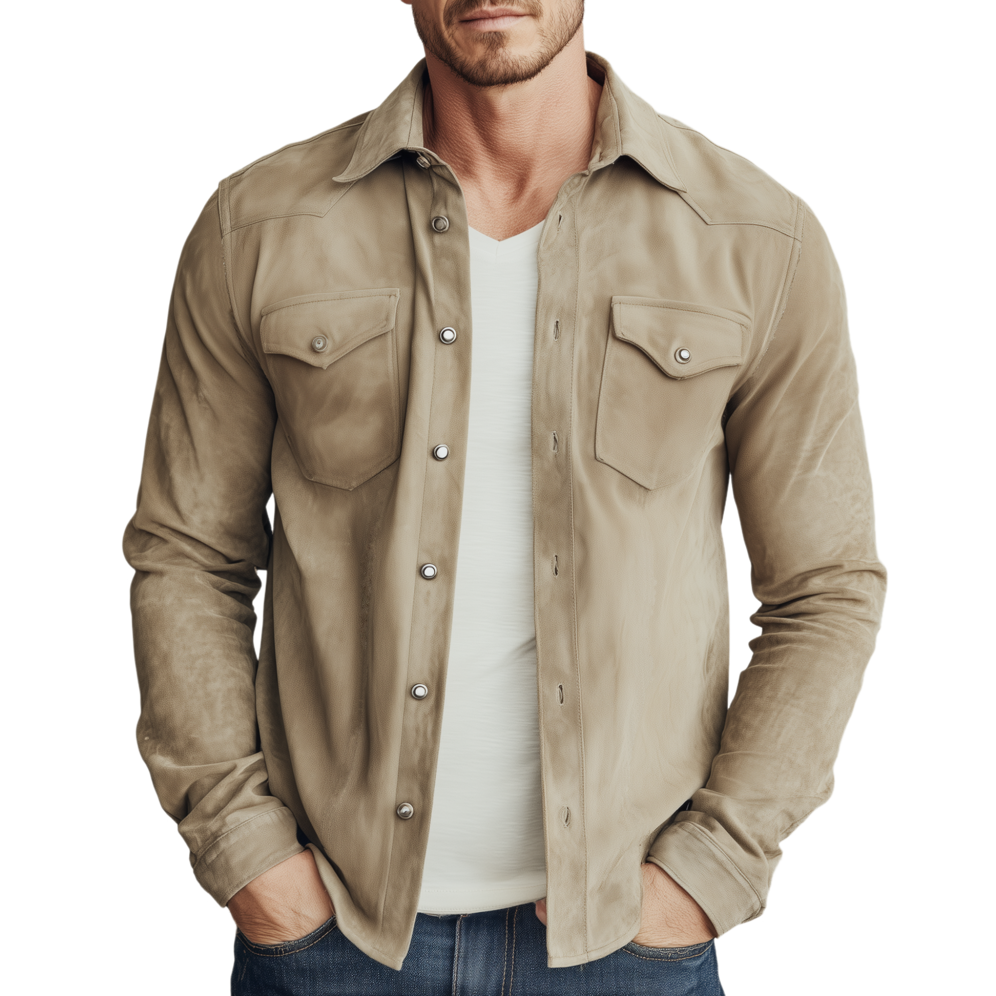 Men's Classic Casual Solid Color Thin Suede Metal Button Long Sleeve Shirt MTA0175H4K