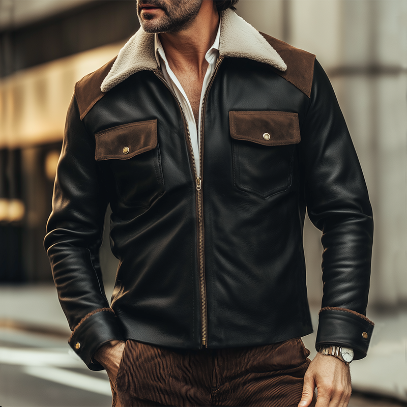Men's Vintage Fleece Collar PU Leather Jacket MTA1725I3U