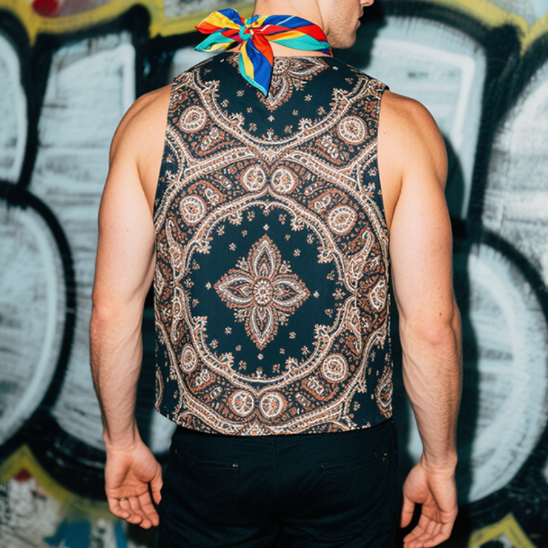 Herre vintage casual Perris-trykk fargeblokk satengvest MTA1614E9TO